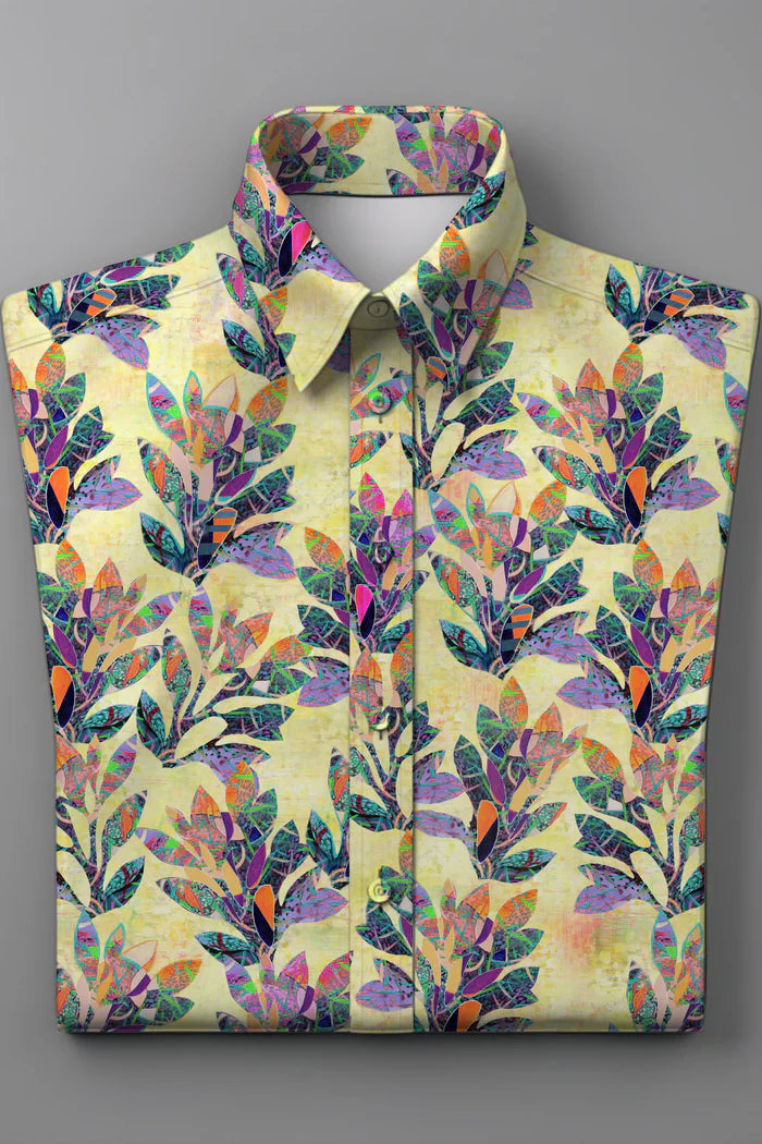 Yellow Rayon Shirt with Multicolor Leaf Shirt