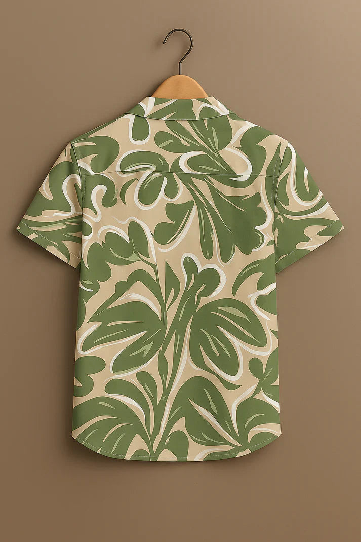 Green Tropical Leaf Print Rayon Shirt