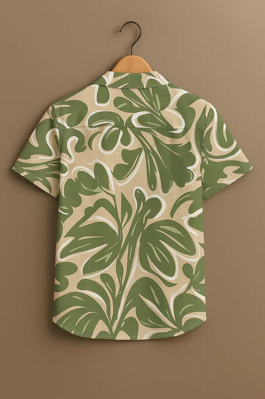 Green Tropical Leaf Print Rayon Shirt