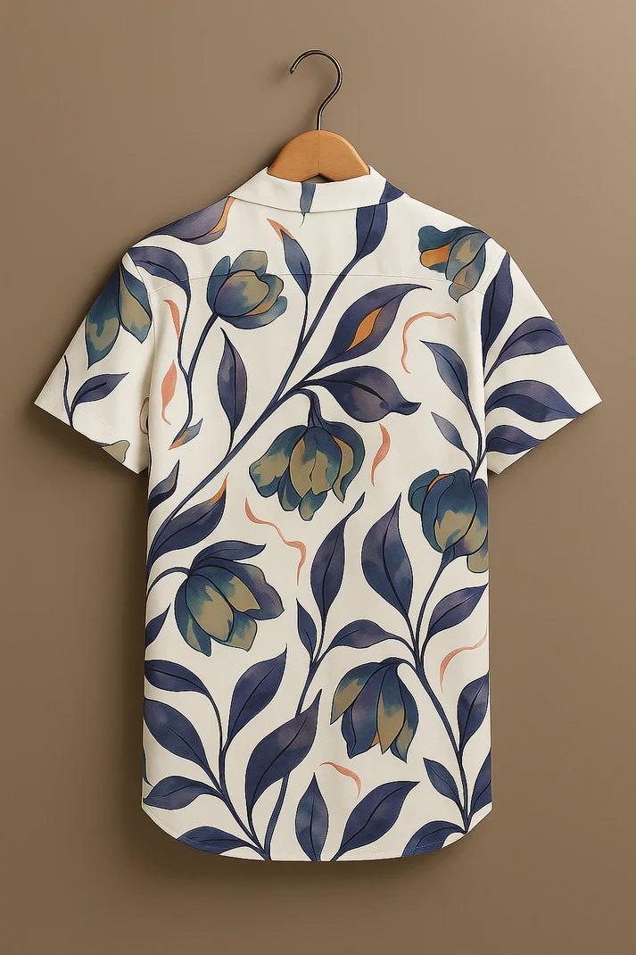 White Flower Printed Half Sleeve Shirt