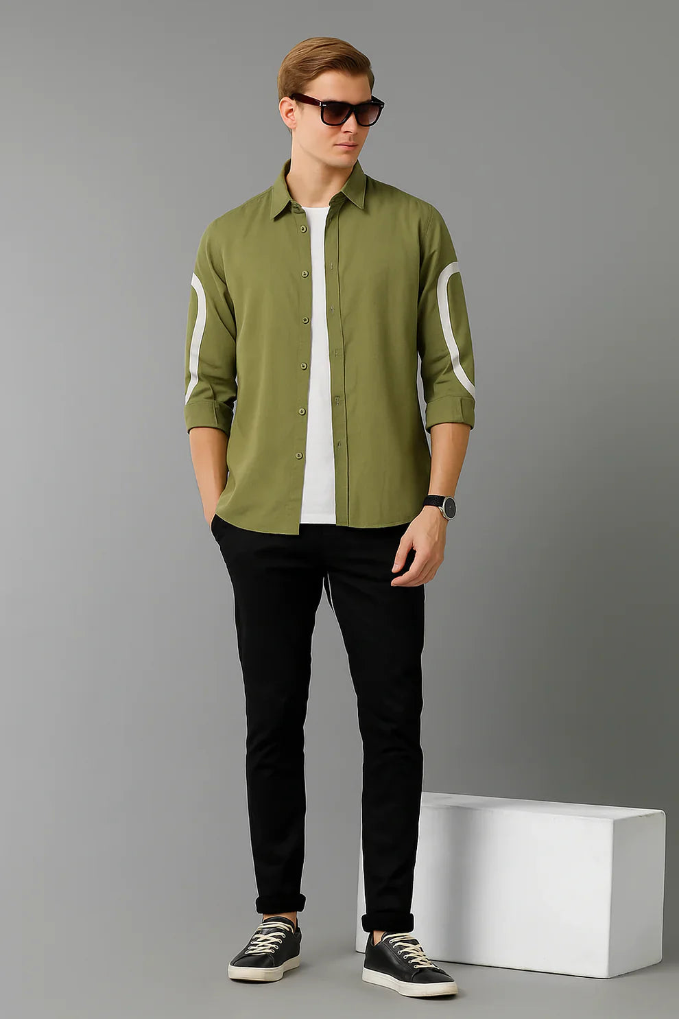 Olive Green cut-pest long sleeve mens shirt