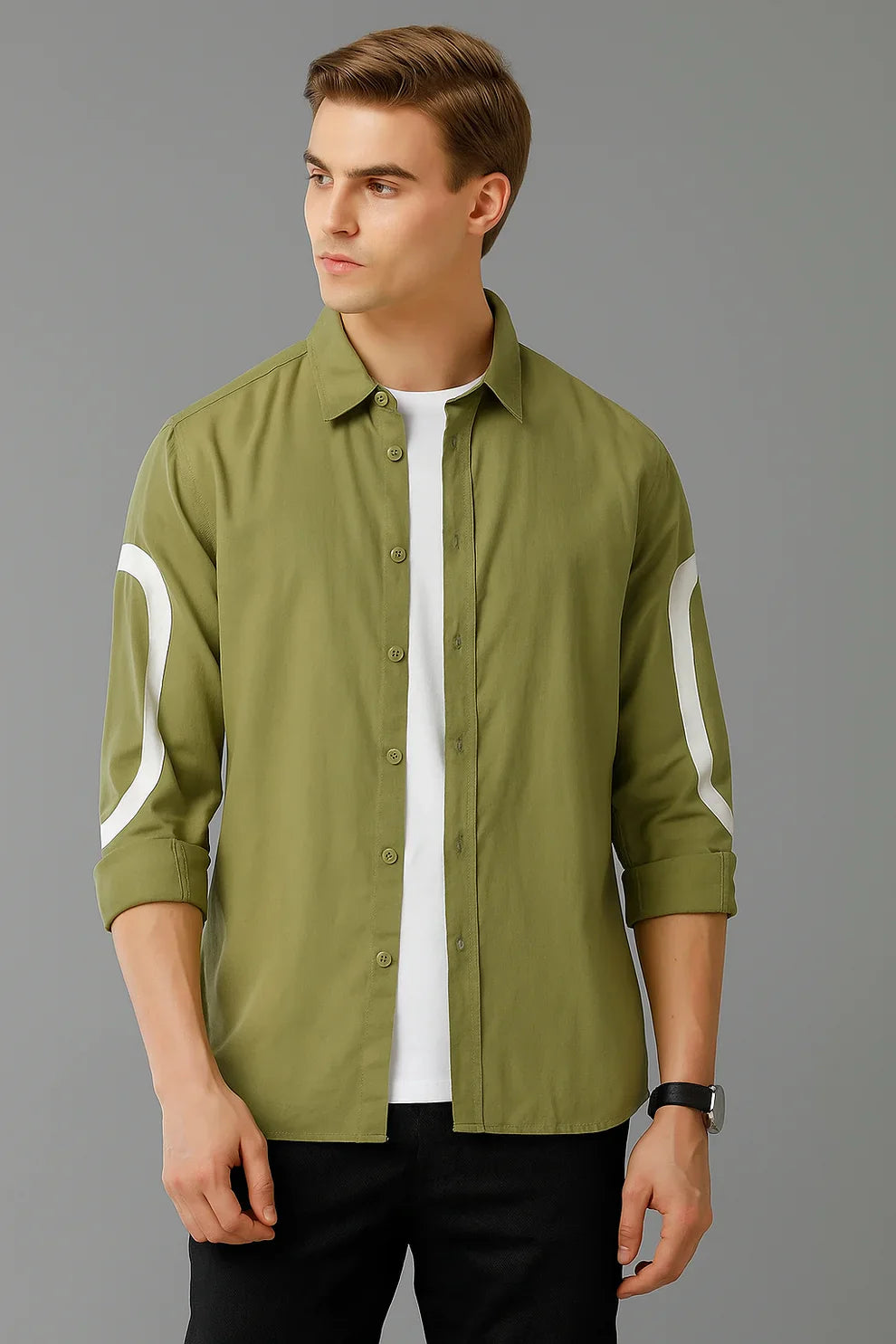 Olive Green cut-pest long sleeve mens shirt