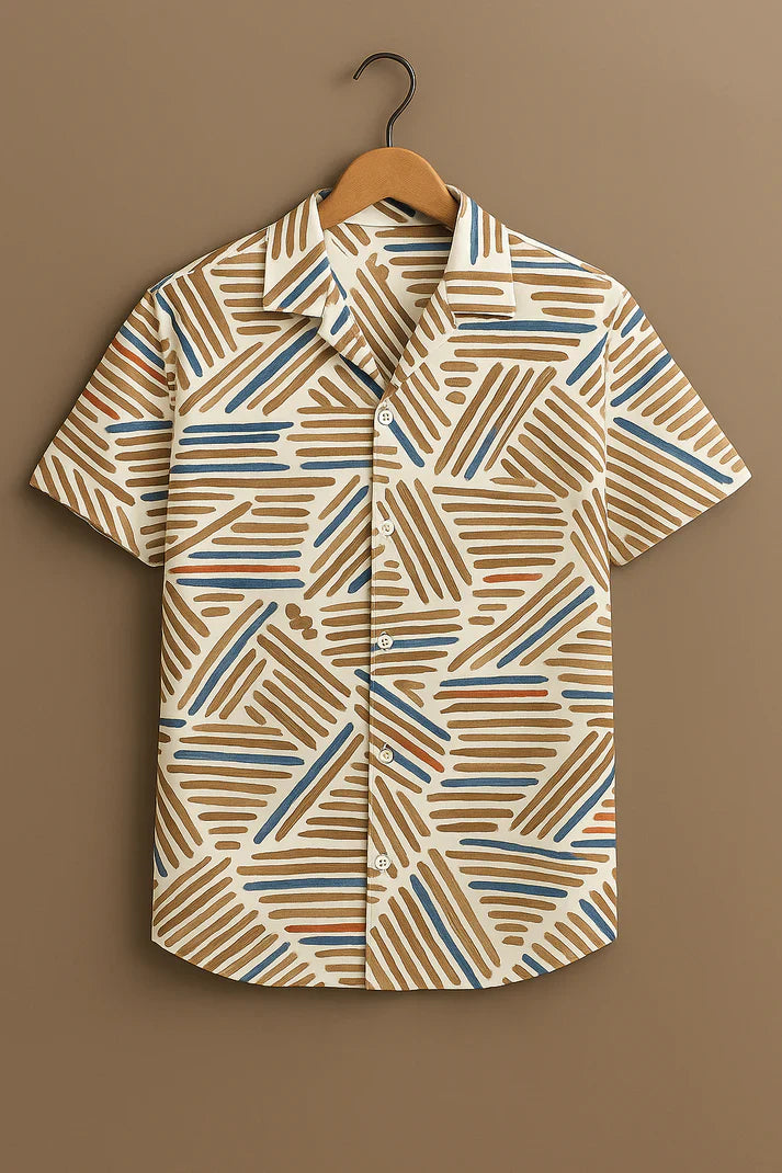 Beige Leaf Print Casual Cotton-Linen Shirt – Half Sleeve, Relaxed Fit