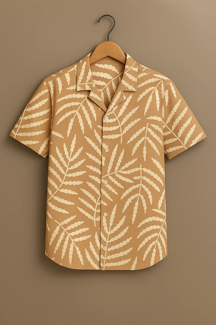 Beige Leaf Print Cotton Shirt