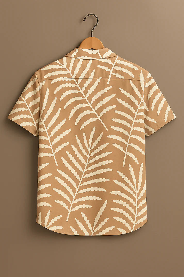 Beige Leaf Print Cotton Shirt