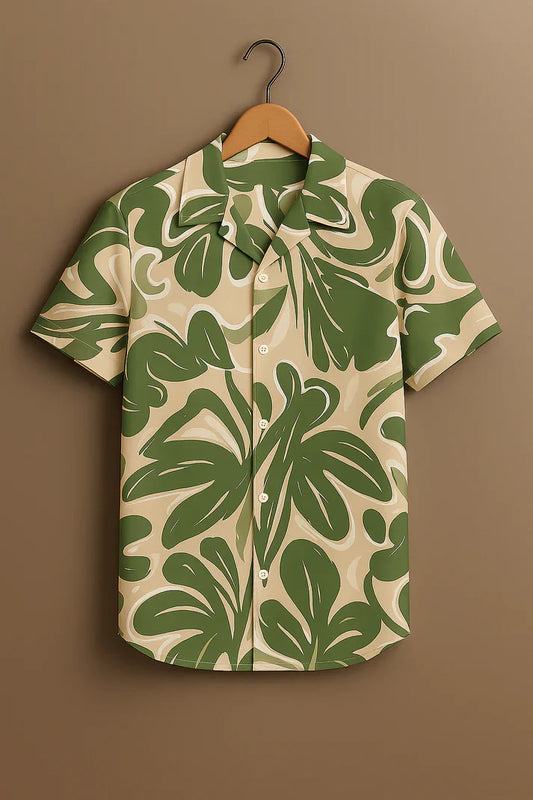 Green Tropical Leaf Print Rayon Shirt