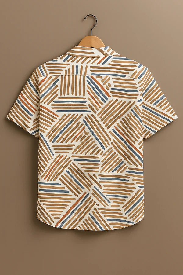 Beige Leaf Print Casual Cotton-Linen Shirt – Half Sleeve, Relaxed Fit