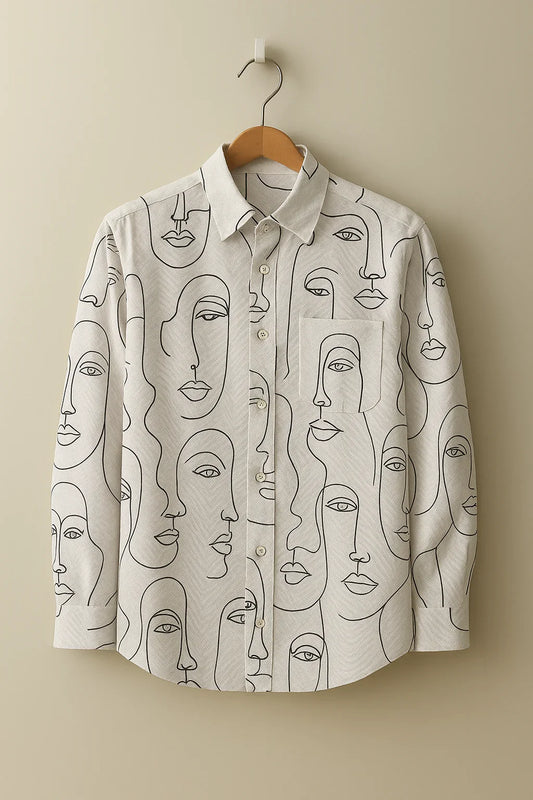 Off White Linen with Abstract Face Art