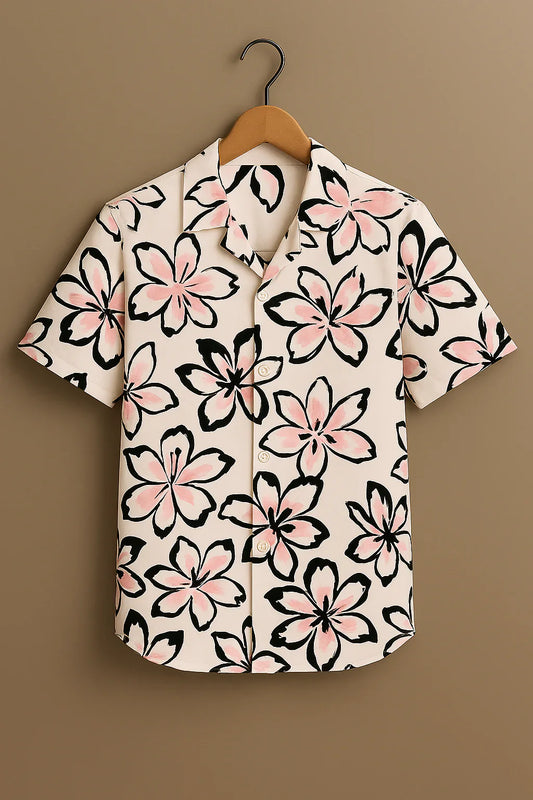 Pink Flower Printed Half Sleeve Shirt