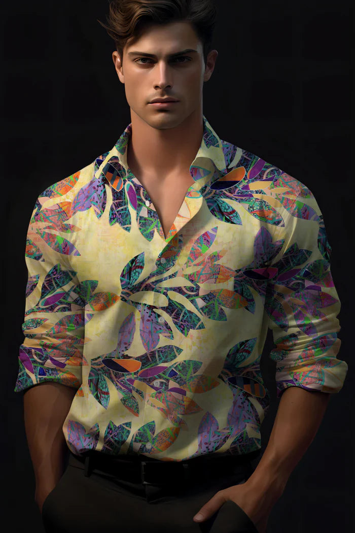 Yellow Rayon Shirt with Multicolor Leaf Shirt