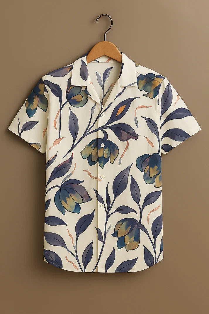 White Flower Printed Half Sleeve Shirt