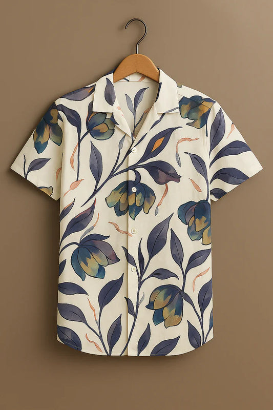 White Flower Printed Half Sleeve Shirt