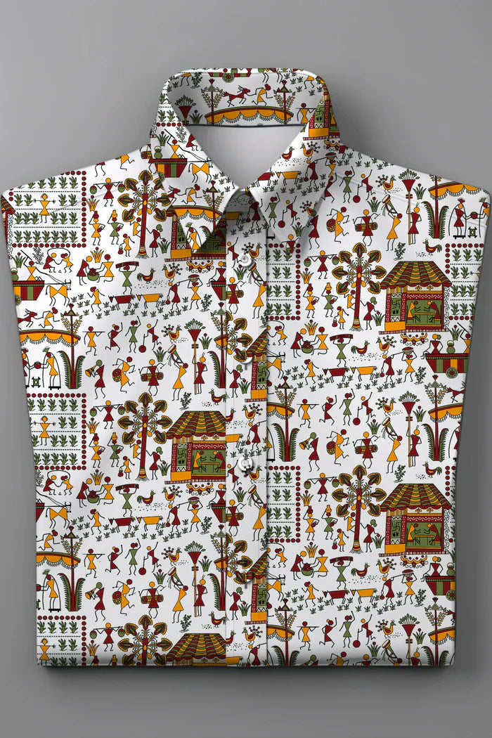 Traditional Warli Village Art Rayon Shirt